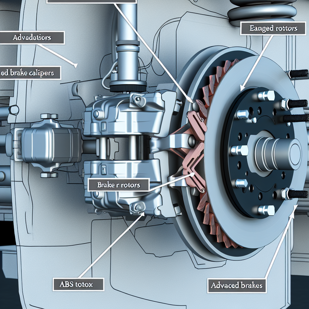 An illustration of a modified truck's braking system highlighting enhancements like upgraded brake calipers, larger rotors, and advanced ABS technology.