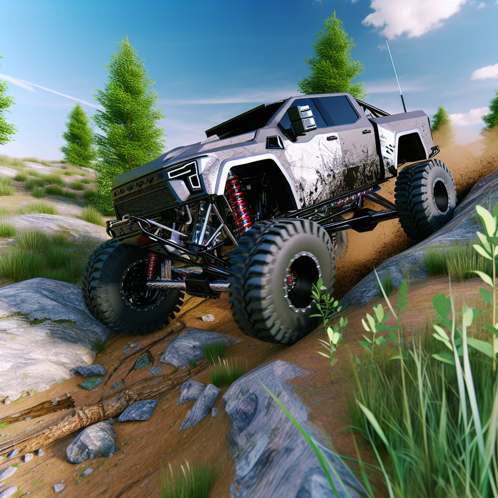A heavily modified truck navigating rugged terrain, showcasing upgrades and capabilities in action.
