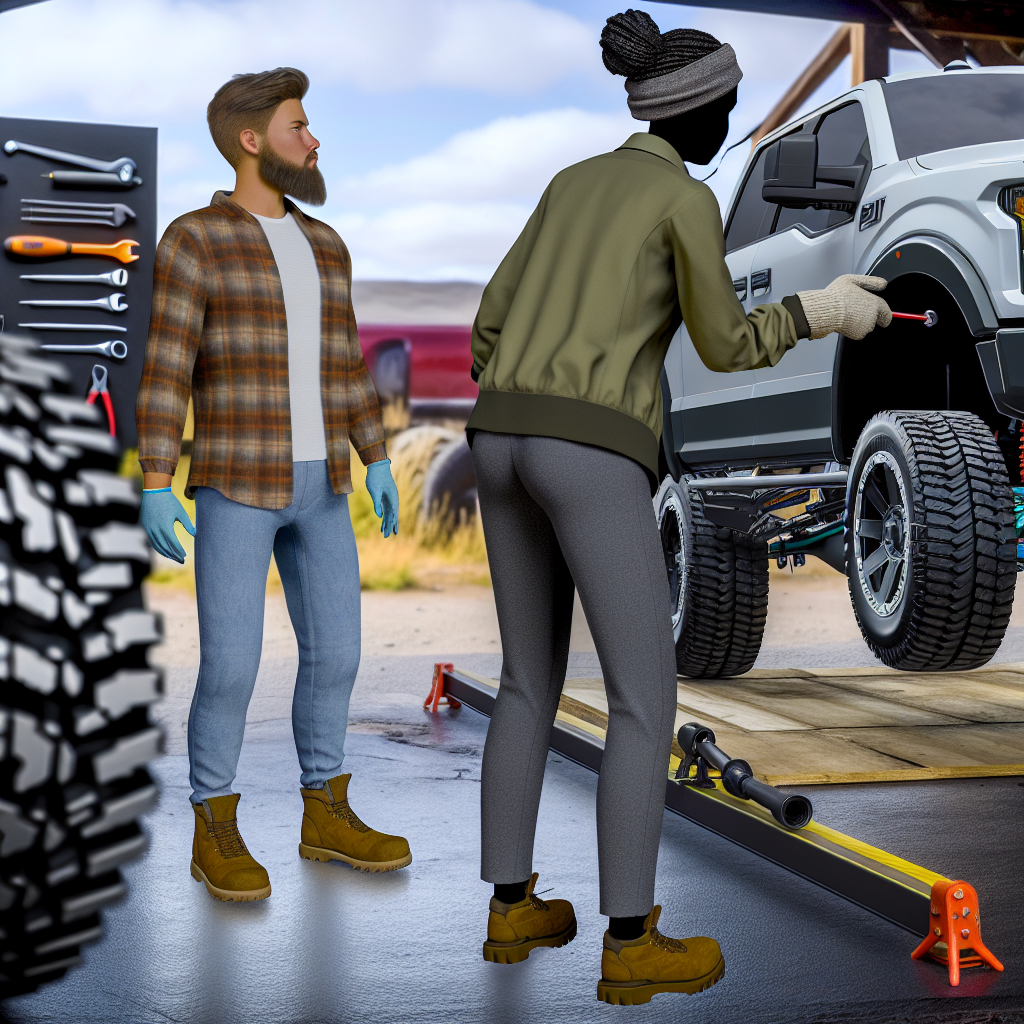 A truck owner carefully inspecting their vehicle's modifications, showcasing caution and awareness.