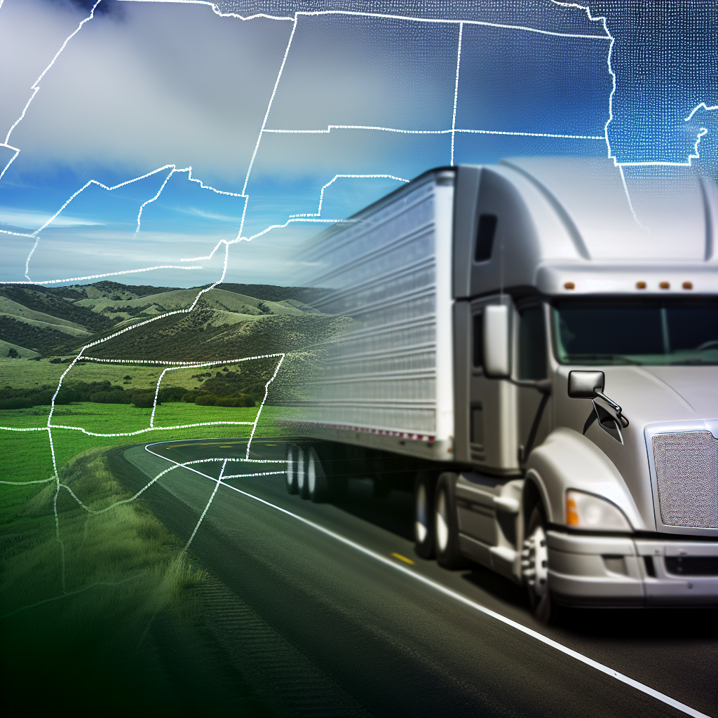 A truck driving on an open road with a background of blue sky and green landscape, with highlighted truck routes overlaid on a map.
