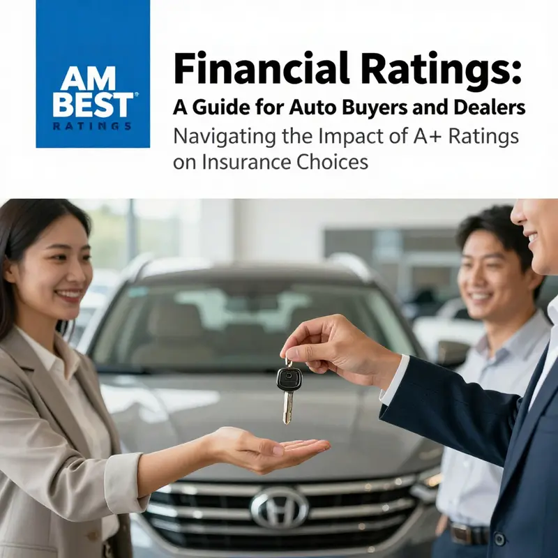 Image of satisfied car buyers receiving keys at a dealership, representing the trust in insurance backed by AM Best financial ratings.