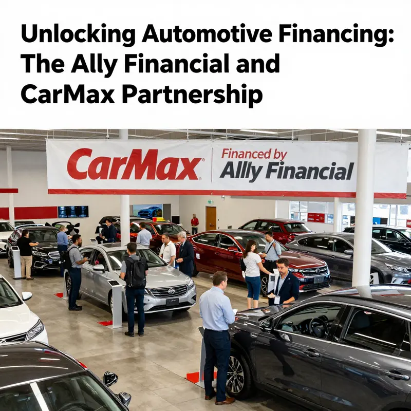 A bustling car dealership featuring CarMax branding and Ally Financial signage, symbolizing their partnership in automotive financing.