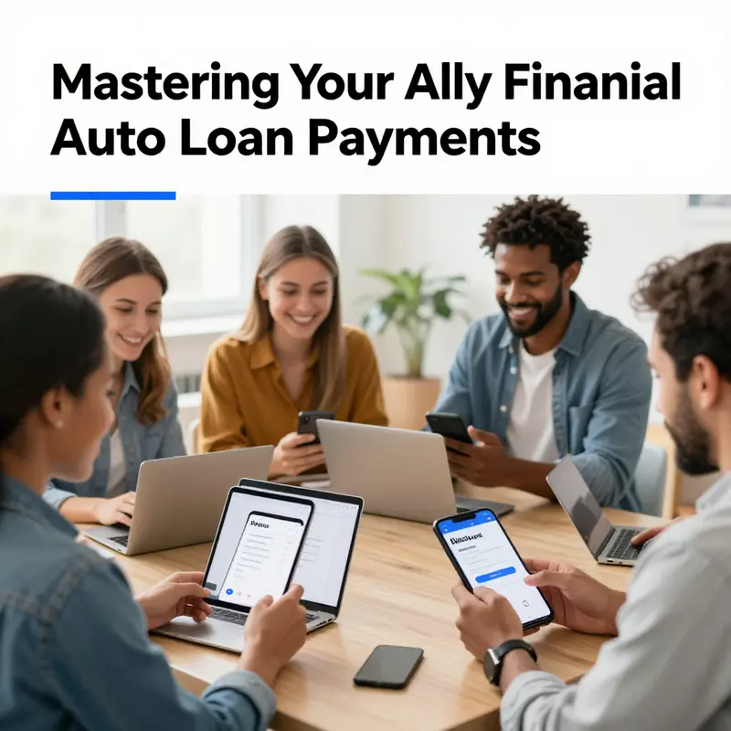 A diverse group of customers happily using the Ally Financial app on their smartphones and tablets.