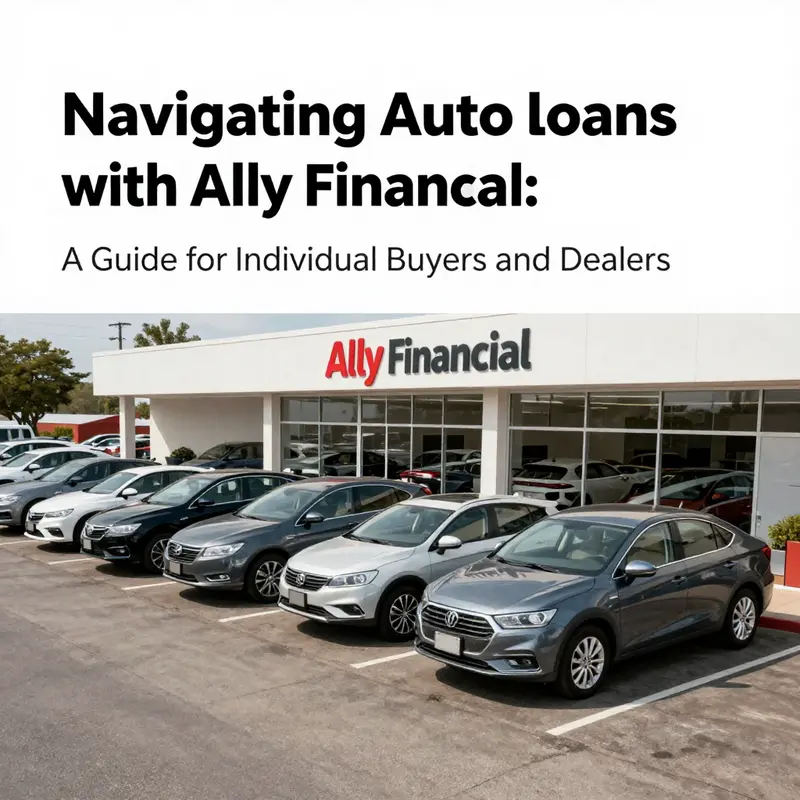 A panoramic view of a car dealership with various vehicles, symbolizing auto loan options via Ally Financial.