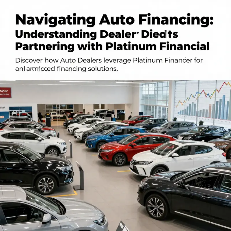 An engaging cover image of a bustling auto dealership with cars and financial charts representing the theme of auto financing.