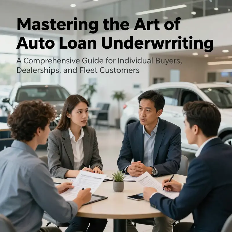 People discussing auto financing details in a dealership, showcasing the underwriting process.