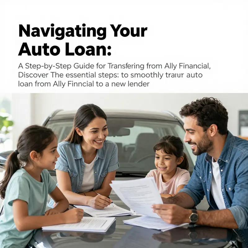 Happy family reviewing financial documents with a car in the background, indicating guidance on auto loan transfers.