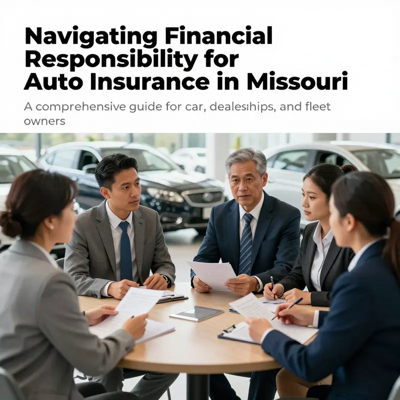A group of car buyers and dealership staff discussing auto insurance responsibilities in Missouri.