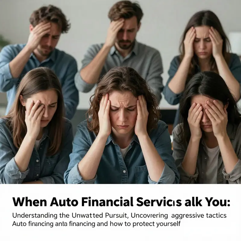 A collage depicting anxious car buyers overwhelmed by persistent outreach from financial services, illustrating the impact of aggressive follow-ups.