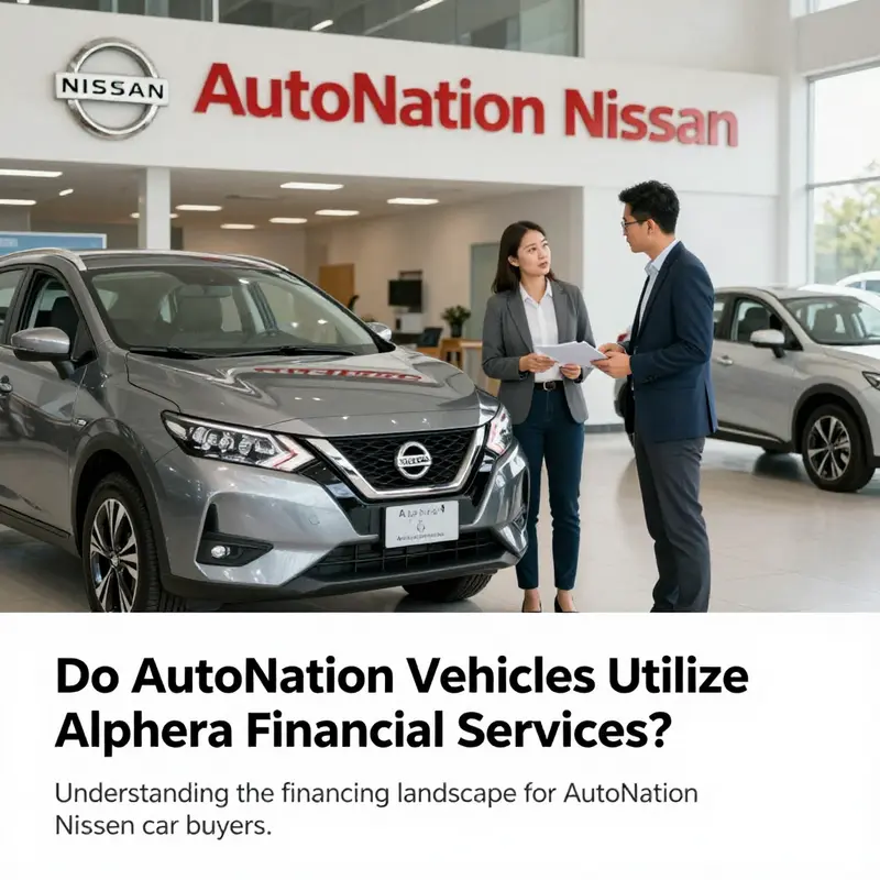 A customer by a Nissan vehicle at AutoNation discussing financing options with a representative.