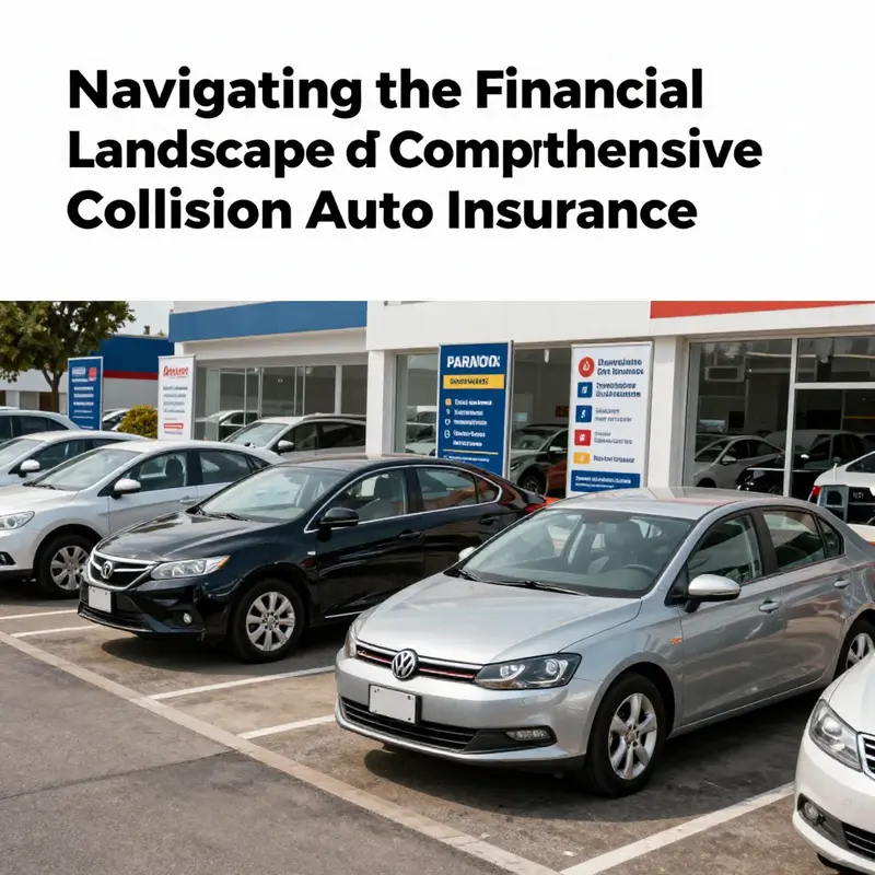 Diverse vehicles parked at an auto dealership with signs about insurance options.