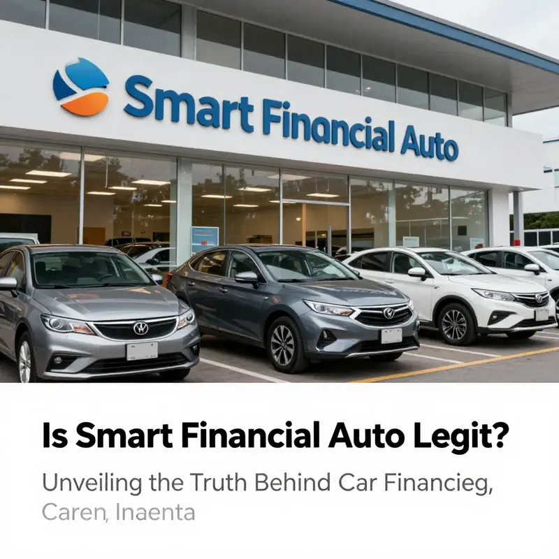 Exterior view of a smart car dealership showcasing diverse vehicles and promotional financing options.