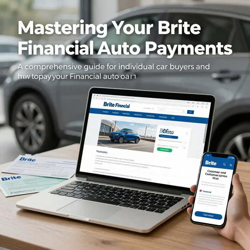 A collage of payment methods for Brite Financial auto loans, including a laptop and checks.
