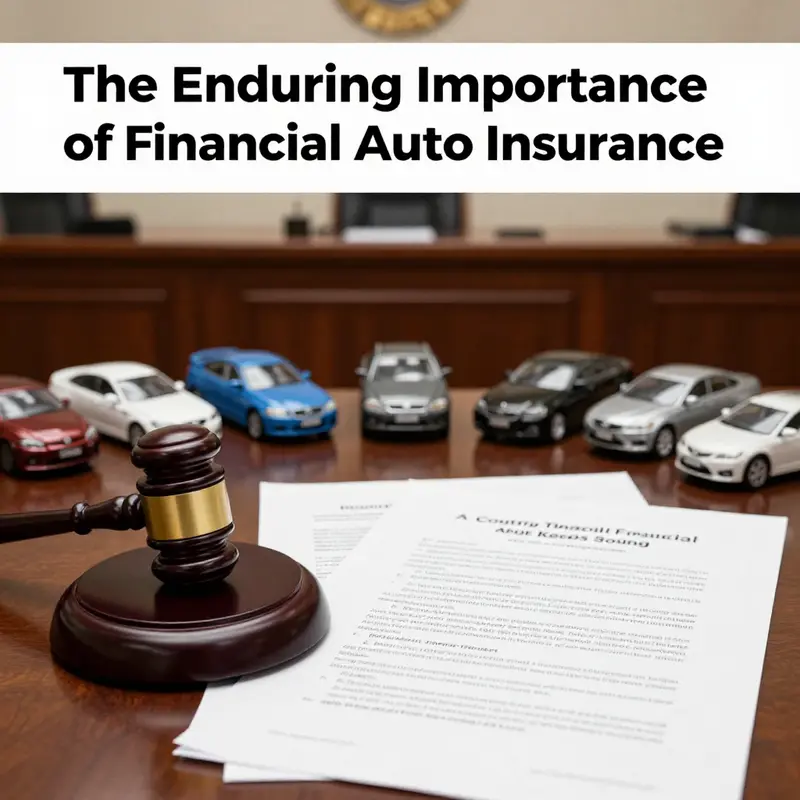 The legal framework ensuring financial responsibility through auto insurance, depicted in a courtroom setting.