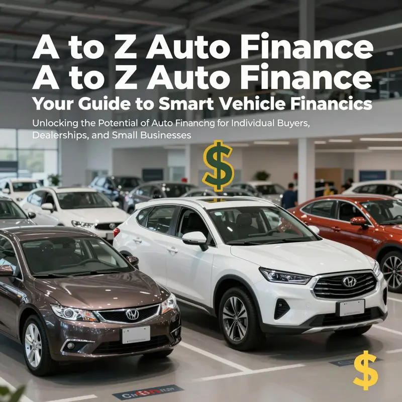 A cover image illustrating the concept of auto financing, featuring cars, currency symbols, and dealership scenes.
