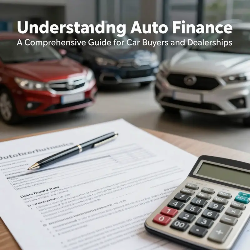 A cover image depicting auto finance concepts, including vehicles, financial planning materials, and calculations.