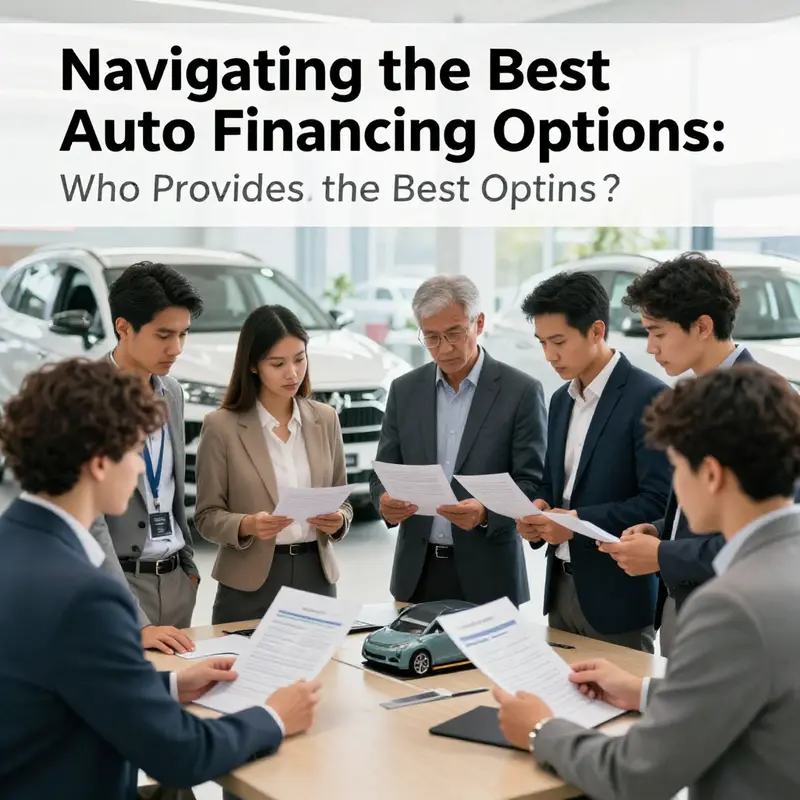 Individuals engaging with financial representatives at a dealership to review auto financing options.