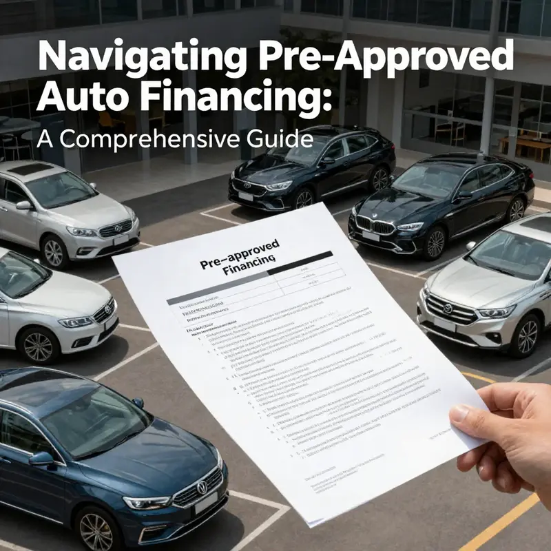 An image depicting a variety of cars available for purchase along with financial documents relating to pre-approved auto financing.