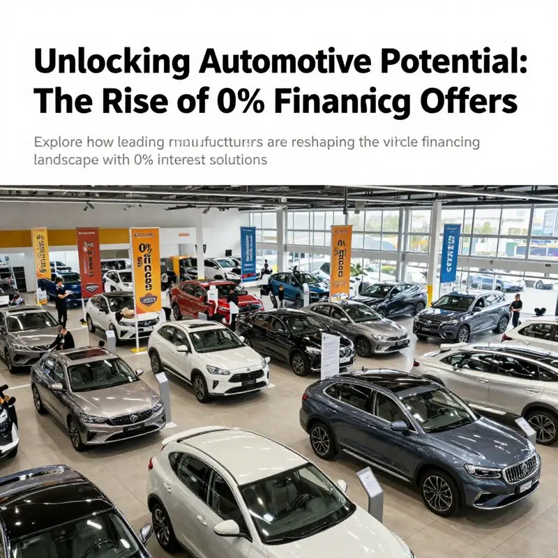 A busy automotive dealership with vehicles on display and promotional banners for zero-interest financing.