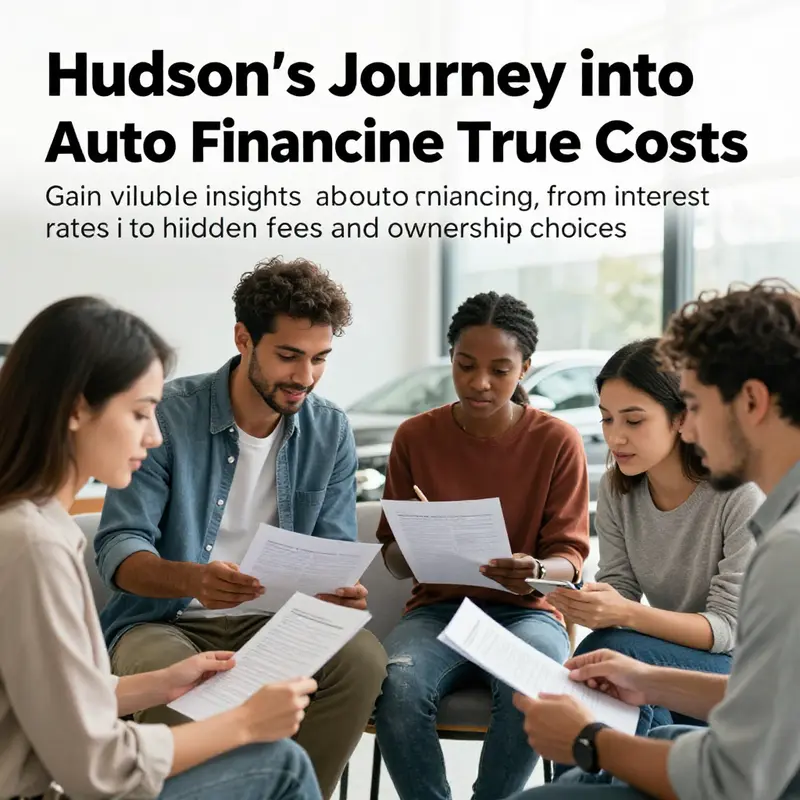 Happy and diverse car buyers intelligently reviewing auto financing documents.