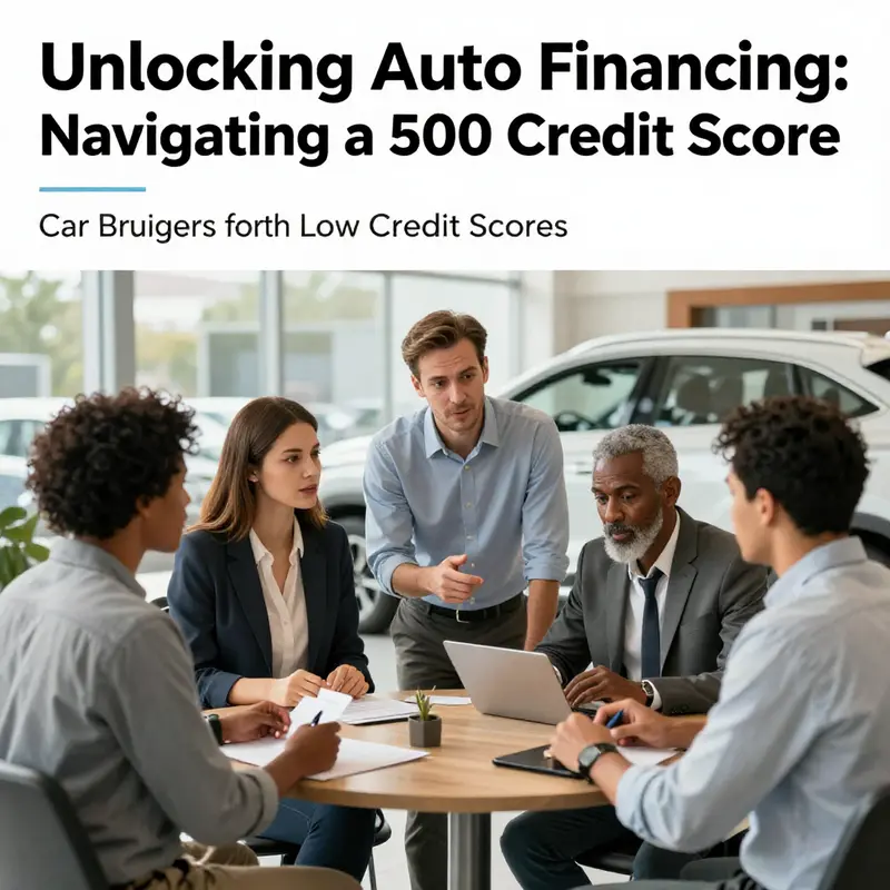 A diverse group of individuals engaging in discussions about auto financing in a dealership.
