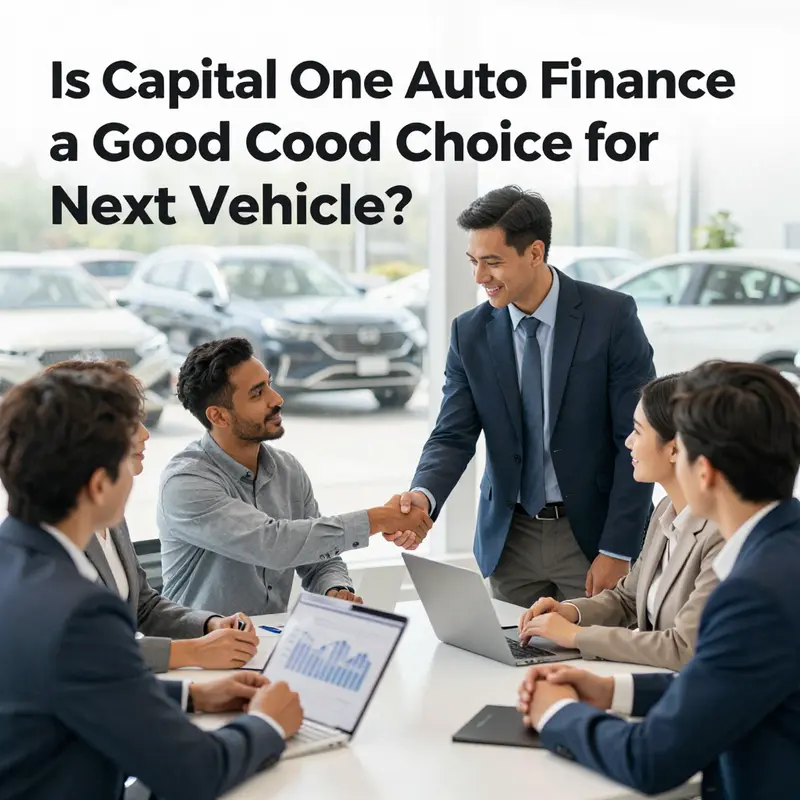 A group of car buyers and dealership representatives engaged in a discussion about financing options, symbolizing collaboration.