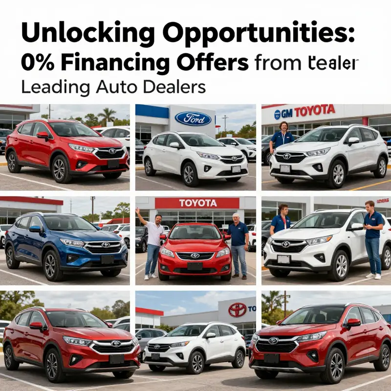 A collage of various car brands showcasing 0% financing offers with happy customers at dealerships.