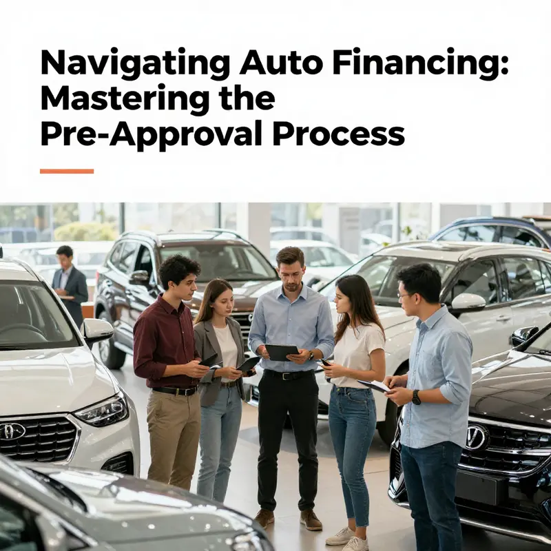 A group of people is looking at different car models in a dealership, representing the auto financing journey.