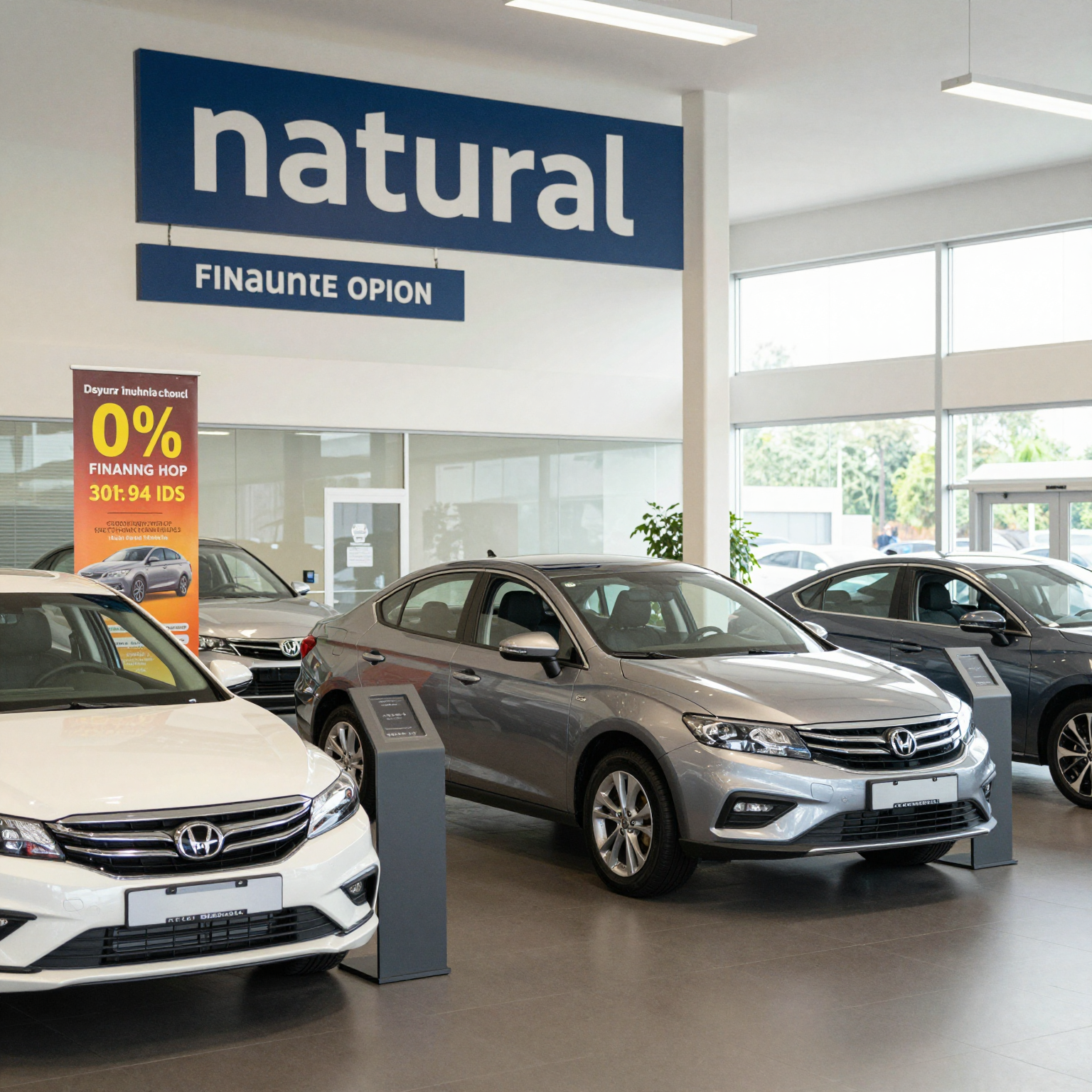 A welcoming car dealership showing financing options, including banners about 0% financing offers.