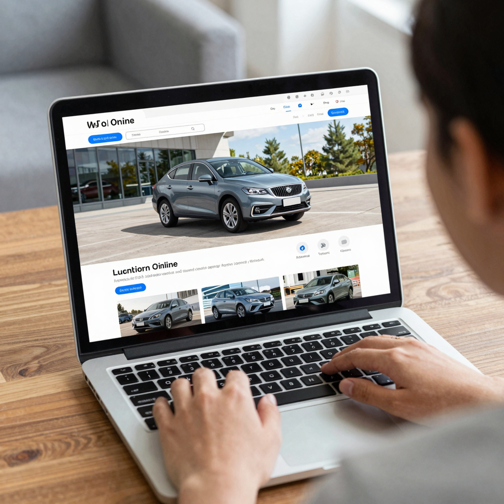 A visual representation of individuals shopping for cars online, emphasizing the convenience of online car buying.