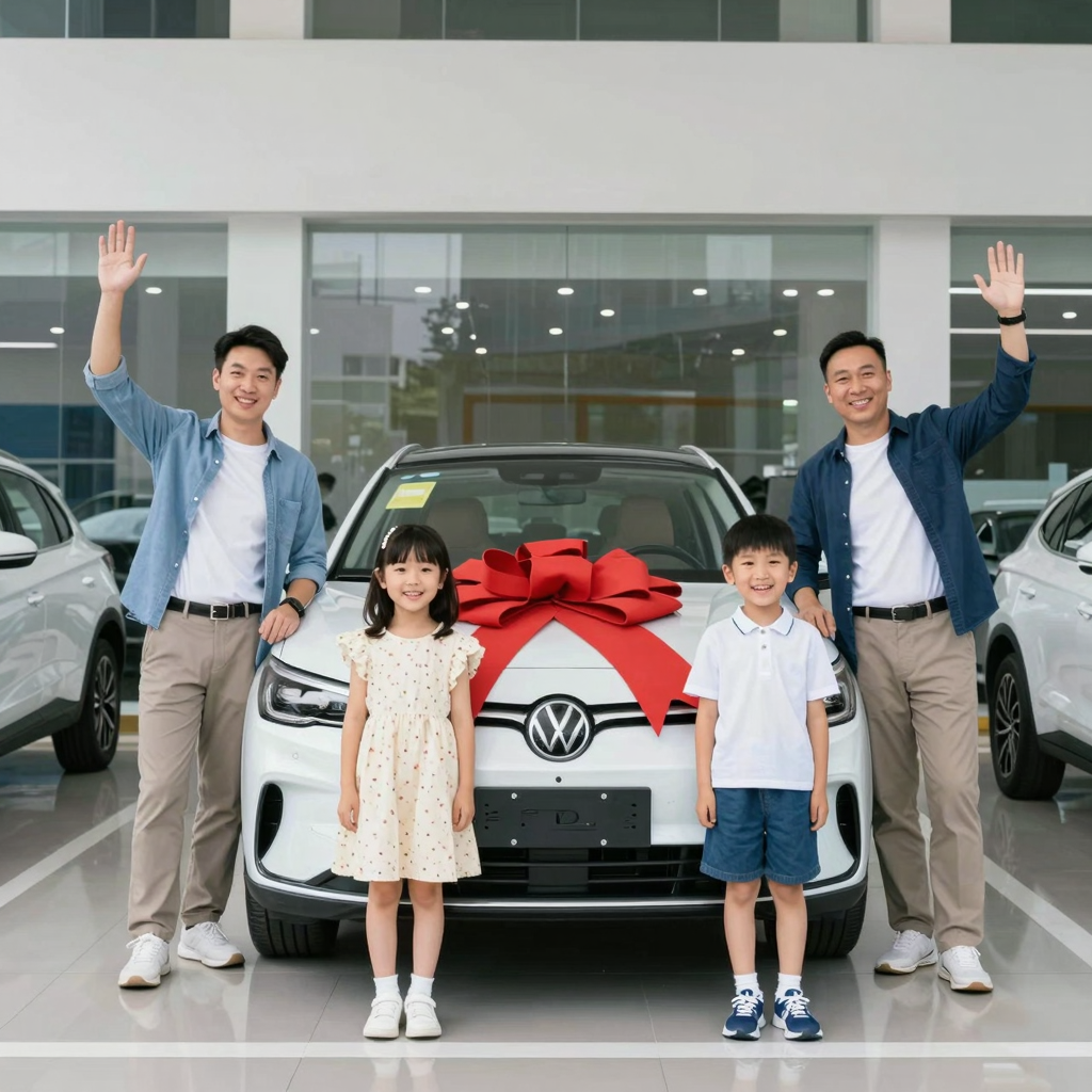 A happy family with their new car, celebrating in front of a dealership.