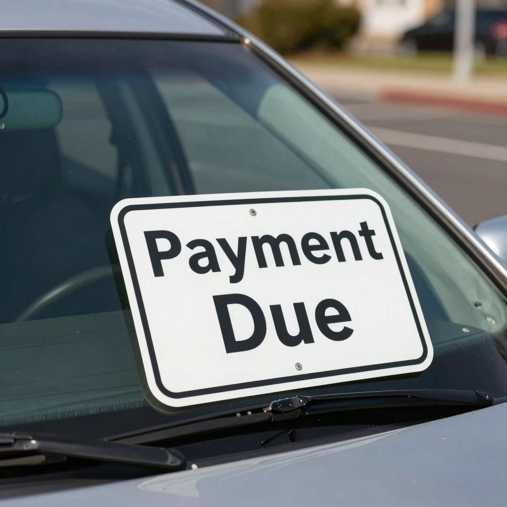 A parked car showcasing a 'Payment Due' sign to symbolize the concept of due payments and grace periods.