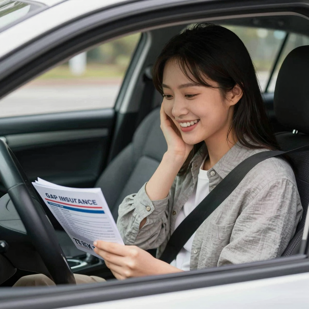 A relieved car owner joyfully reviewing finances post-gap insurance