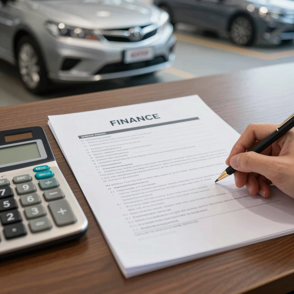 Financing Paperwork and Calculator with Car Background
