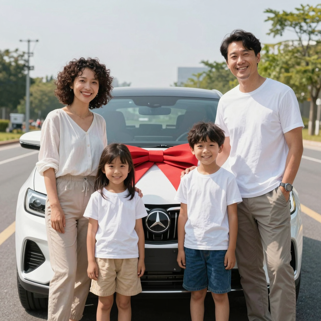 A happy family celebrating their new car purchase