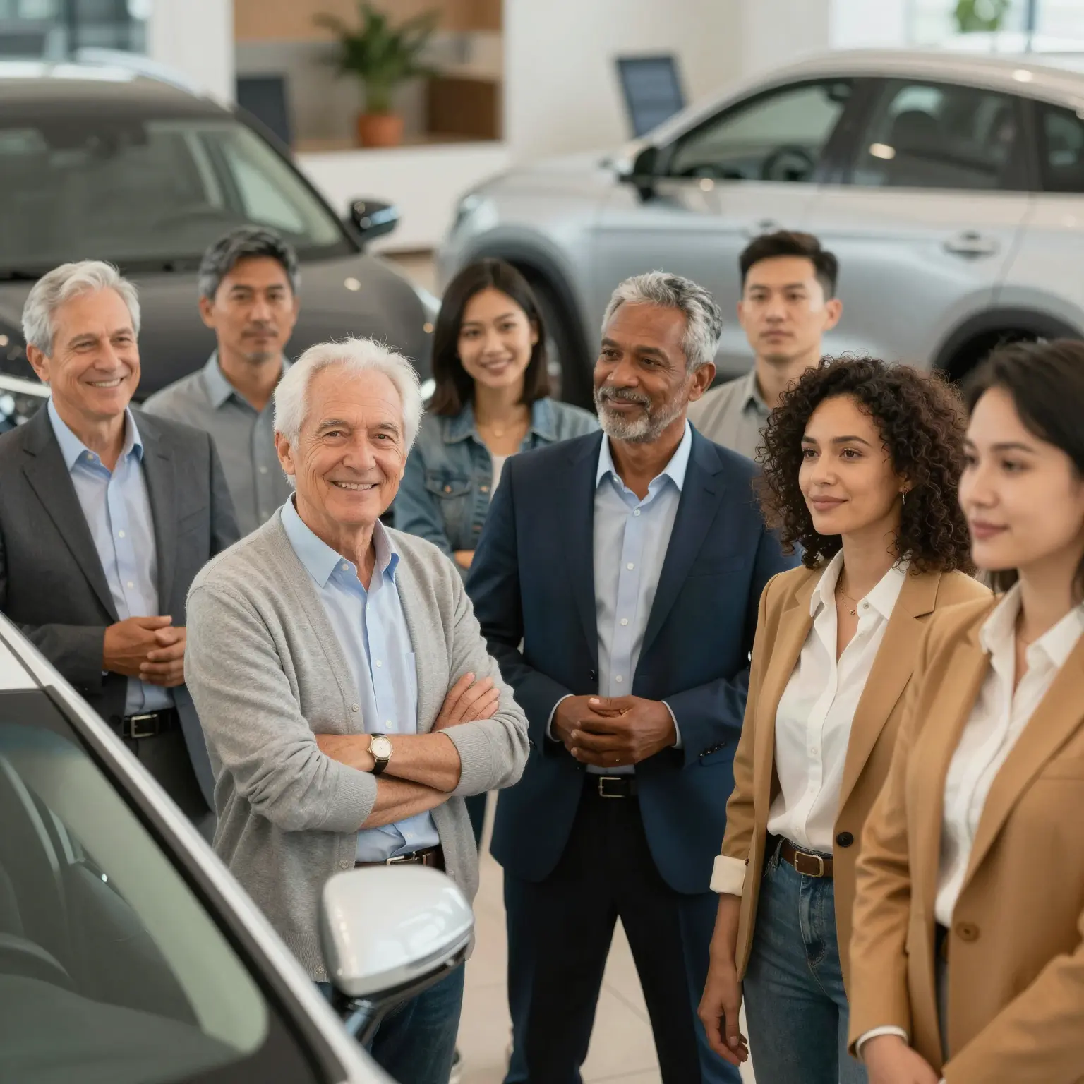 A diverse group of car buyers at a dealership, showcasing different ethnicities and ages, with a warm and welcoming atmosphere.