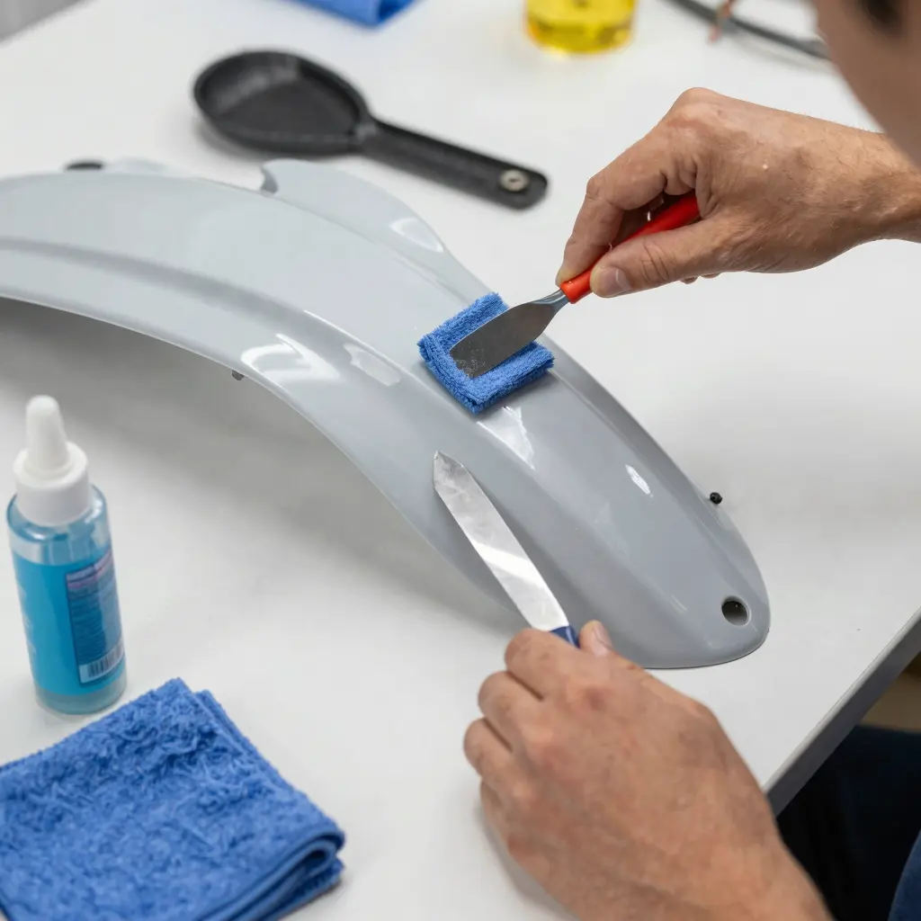 Image of prepping dirt bike plastics for graphics