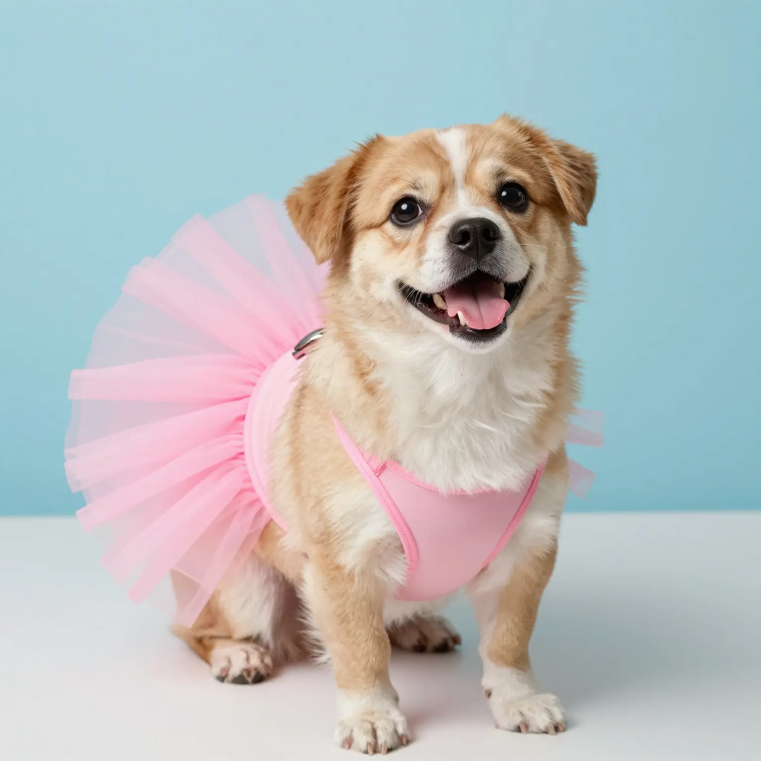A joyful dog in a pink tutu