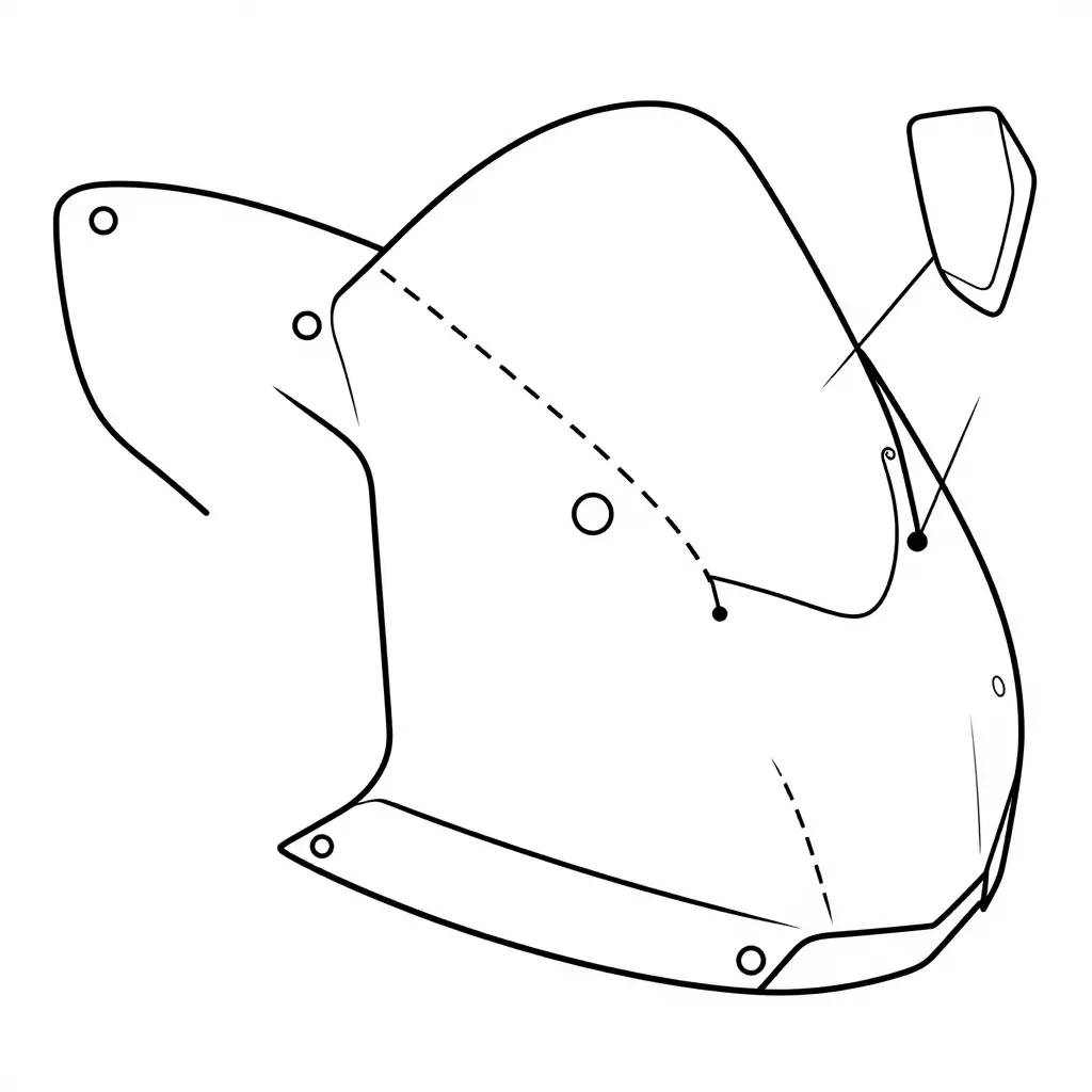Simple line-art schematic of a motorcycle side fairing panel showing perimeter mounting holes, protruding locating tabs, and dashed guide lines connecting tab positions to their matching mounting points