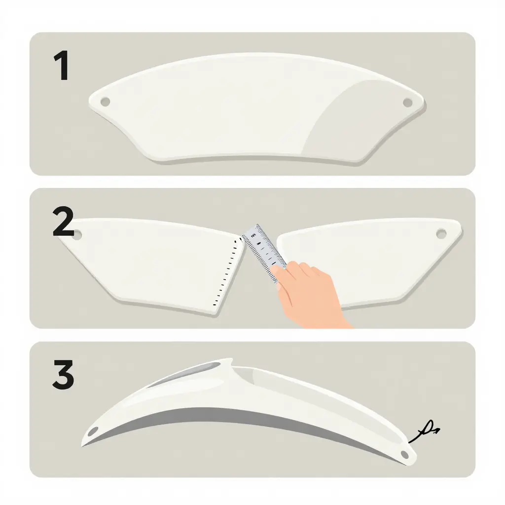 Three-step dry-fit diagram showing hand-seating a fairing panel, checking an even seam gap, and spotting tab stress at a mounting point.