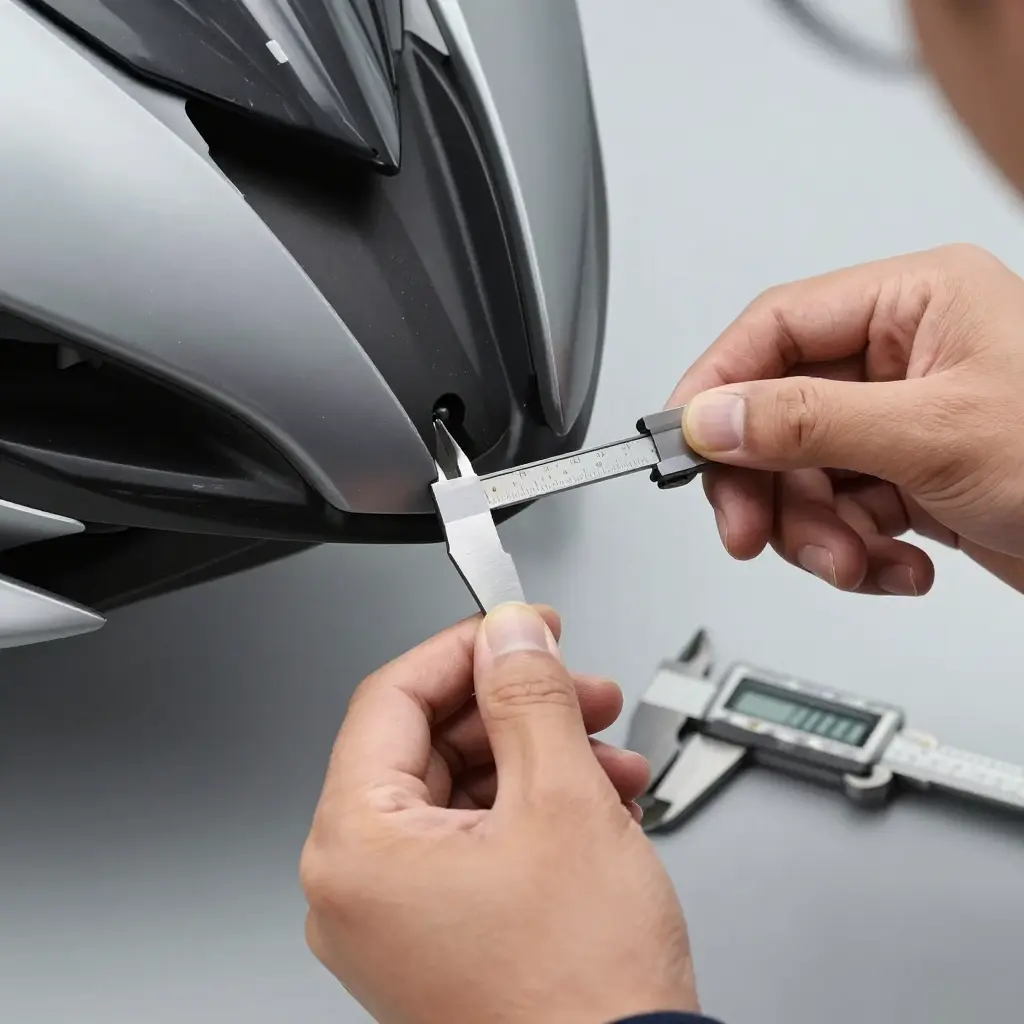 A feeler gauge measuring the panel gap between two motorcycle fairing panels near a mounting point, with digital calipers on the bench