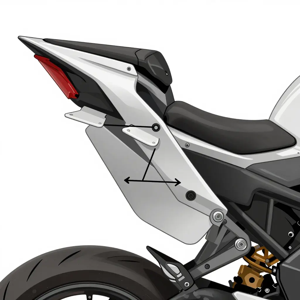 Infographic showing fairing mounting points and the small molded tabs that hold motorcycle bodywork panels to the frame