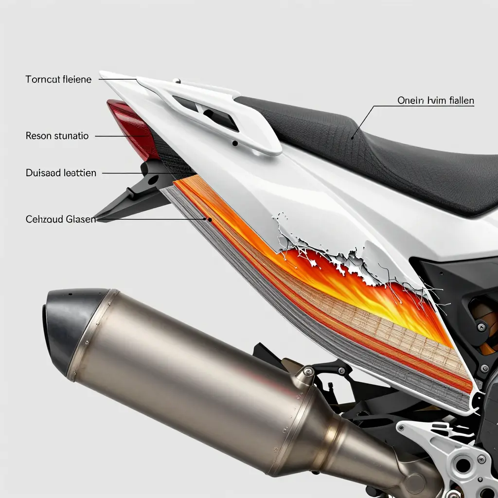 Cross-section of a fiberglass fairing showing resin blistering, resin starvation, and localized delamination near the exhaust header