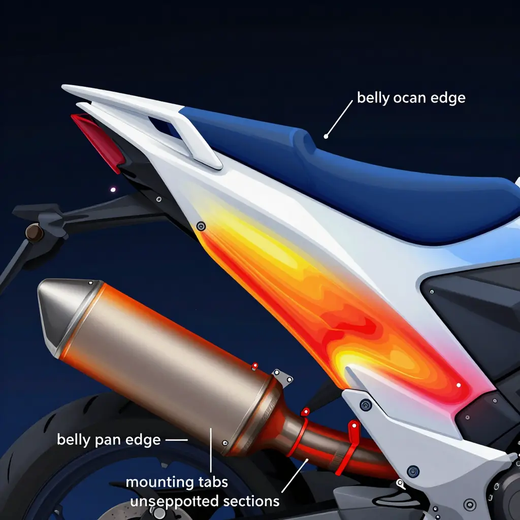 Diagram of a motorcycle ABS fairing heat-map showing the lower belly pan edge, mounting tabs, and unsupported sections nearest the exhaust header