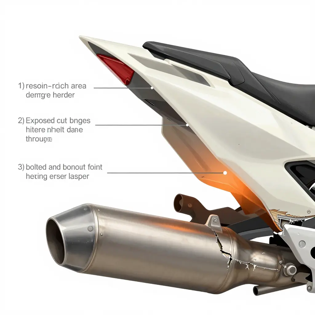 Diagram of a fiberglass fairing near an exhaust header showing resin-rich heat zones, exposed cut edges, bolted joints, and the failure sequence of resin softening, blistering, fiber print-through, delamination, and edge cracking.
