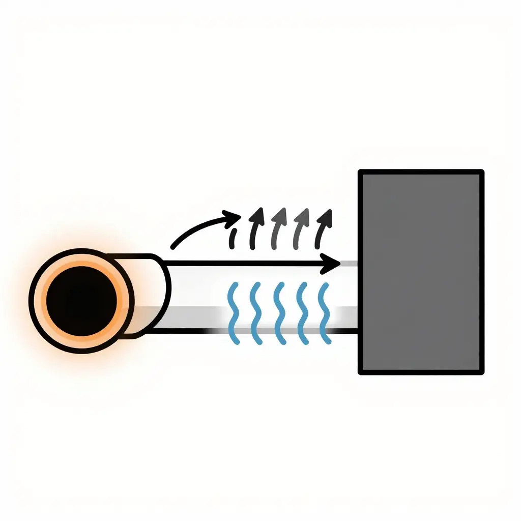 A 2D schematic diagram showing radiant and convective heat flow from the exhaust header toward a nearby fairing panel